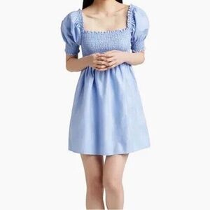 Hill House Light Blue Smocked Puff-Sleeve Mini Dress